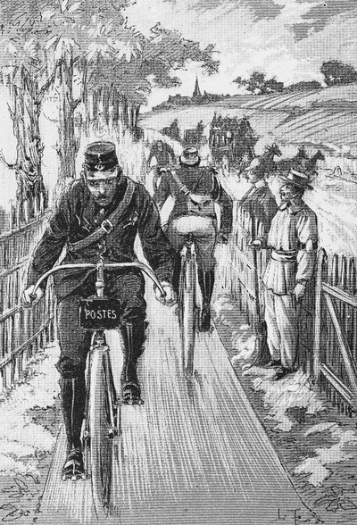 Fietspad voor postbodes: Swift projectbaan door M. Berruyer - in "Theoretisch en Praktisch Fietsen" door L. Baudry de Saunier, gravure, Bibl. de la ville de Paris. door French School