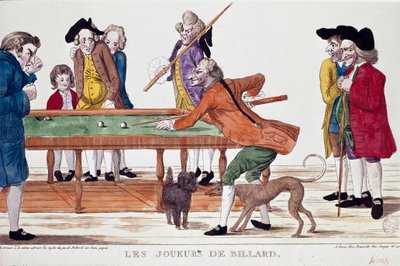 Biljartspelers (thermidor van het jaar 8 van de revolutionaire kalender) (1800). Cartoon. Kleurgravure van de Franse school uit de revolutionaire periode. Parijs, Musee Carnavalet door French School