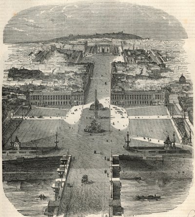 Vogelperspectief van Place de la Concorde, rue Royale met de kerk van de Madeleine - Gravure in 