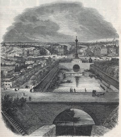 Vogelperspectief van het Canal Saint-Martin (Saint Martin), het plein en de wijk Bastille, genomen vanaf de rechteroever van de Seine - Gravure in 