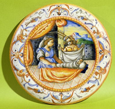 Geboorteplaat die de pasgeborene toont die in doeken wordt gewikkeld, uit Lyon (faience) door French School