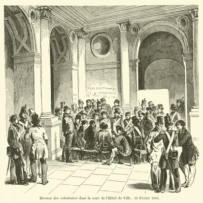 Bivak van vrijwilligers in de binnenplaats van het stadhuis, 26 februari 1848 door French School