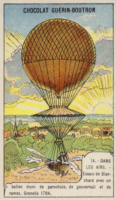 Blanchard test zijn ballon uitgerust met parachute, roer en roeispanen, Grenelle, Frankrijk door French School