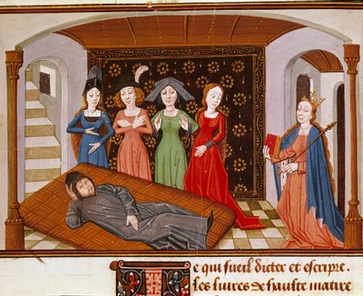 Boece (Boethius) omringd door Filosofie en Muzen. Miniatuur uit 