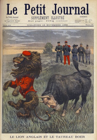 Boerenoorlog - De Engelse Leeuw en de Boerenstier - De Afrikaner stier, met het hoofd van Paul Kruger, valt de Britse leeuw aan. Engelse cartoon uit een november 1899 nummer van 