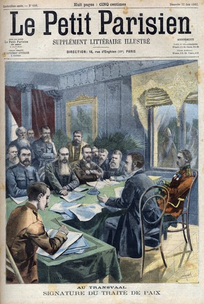 Boerenoorlog. De ondertekening van het Vredesverdrag van Transvaal tussen Boerenleiders en de Britse generaal Horatio Herbert Kitchener (1850-1916) in Pretoria, Zuid-Afrika. Gravure in "Le Petit Parisien" door French School