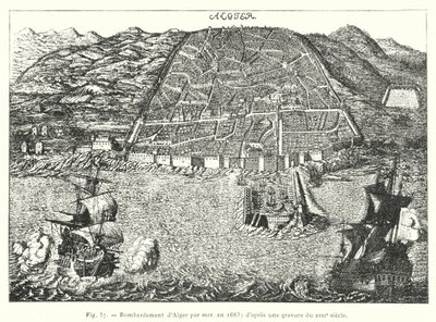 Bombardement van Algiers vanaf zee, in 1683; naar een gravure uit de XVIIe eeuw (gravure) door French School