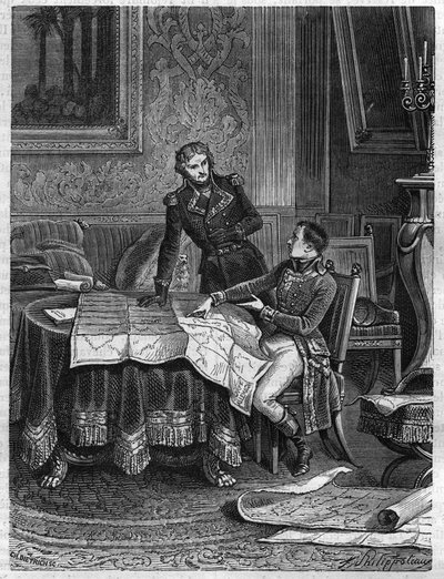 Bonaparte (1769-1821) wijst generaal Jean Joseph Dessolles (1767-1828) op een campagneplan voor het leger van de Rijn, maart 1800 - Gravure uit 1865 in 