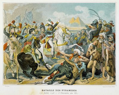 Bonaparte (midden) en zijn troepen tijdens de Slag bij de Piramides op 21 juli 1798. door French School