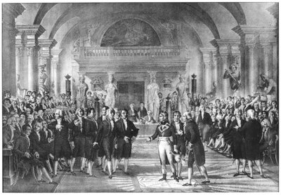 Bonaparte, Eerste Consul (1769-1821) bezoekt de leden van de Academie des Sciences in het Louvre, begin 19e eeuw door French School