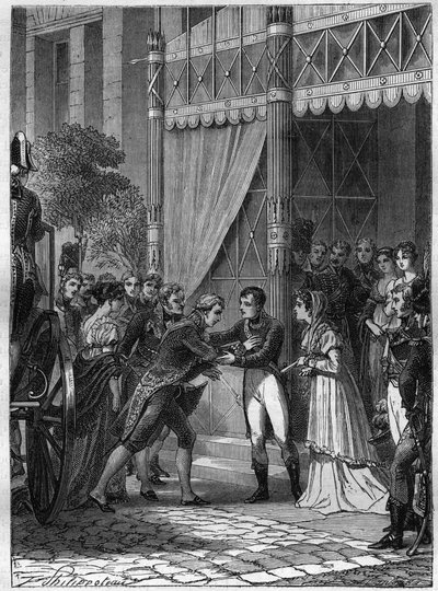 Bonaparte en Josephine de Beauharnais ontvangen de jonge koning van Etrurië, Louis I, vergezeld door zijn vrouw, Marie Louise van Bourbon, in hun huis in Malmaison in juli 180 door French School