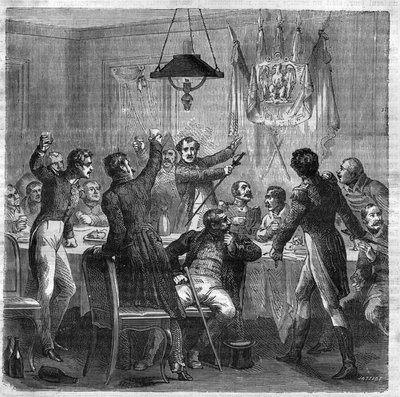 Bonapartistisch banket tijdens de Restauratie tussen de val van het Eerste Keizerrijk op 6 april 1814 en de revolutie van de Drie Gloriedagen op 29 juli 1830. Gravure in 