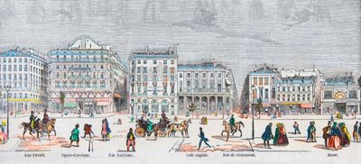 Boulevard des Italians zuidkant - Rue Favart - Opera comique - Rue Marivaux - café Anglais - Rue Grammont - Bazar - Gravure in 