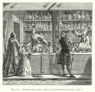 Winkel van een tinnegieter; naar Christophe Kilian, XVIIIe eeuw (gravure) door French School