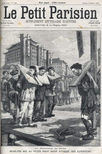 Boksersopstand in China in 1898: Opstandelingen aan de schandpaal voor het aanvallen van Europeanen. Omslag van 