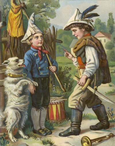 Jongens spelen soldaatje met hun hond op het platteland door French School