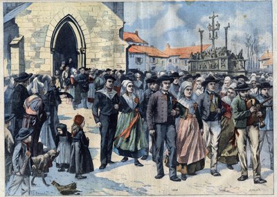 Bretonse gewoonte: Traditioneel huwelijk in Plougastel (Finistère, Bretagne). Huwelijken verlaten de kerk. Gravure in Le Petro Parisien door French School