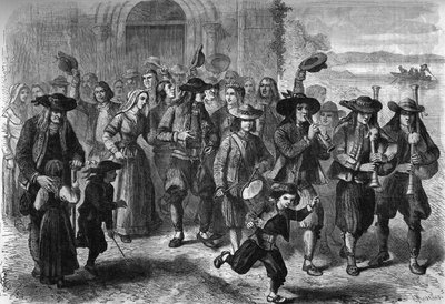 Bretonse gewoonte: stel jonge huwelijken bij het verlaten van de kerk. Aan de top van de stoet zijn spelers van biniou en drum. Treguennec, Finistère (29) door French School