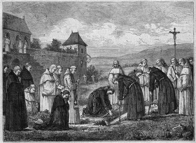 Begrafenis van een Kartuizer in de Abdij van Tamie in Savoye (Cisterciënzer Gemeenschap). Gravure uit 1875. door French School