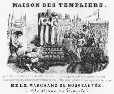 Verbranding van de Tempeliers, briefhoofd van een stoffenwinkel, Maison des Templiers, Belz, rue du Temple, Parijs, ca. 1840 door French School