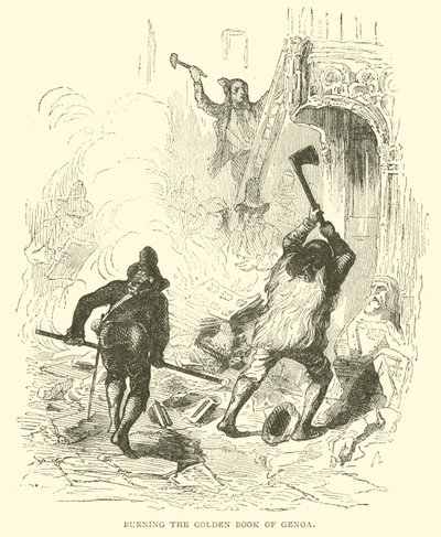 Het verbranden van het Gouden Boek van Genua (gravure) door French School