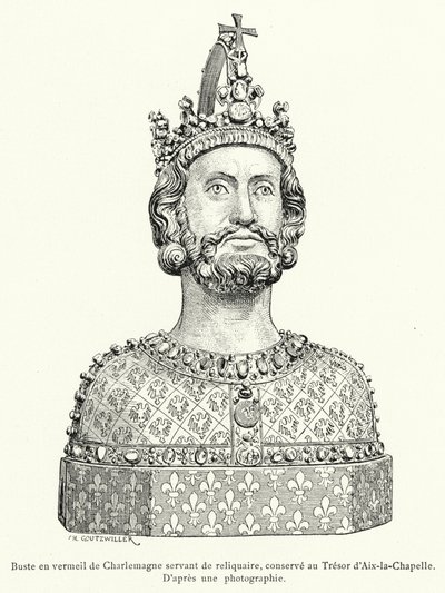 Vergulde buste van Karel de Grote die als reliekschrijn dient, bewaard in de schatkamer van Aken (gravure) door French School