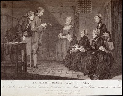 Calas-affaire: De ongelukkige familie van Jean Calas (overleden 1762): de moeder, de twee dochters, met Jeanne Viguiere, hun goede dienaar, de zoon en zijn vriend, ca. 1762 door French School