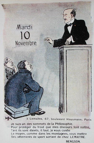 Kalender voor 1914 met reclame voor sportkleding en een karikatuur van de Franse filosoof Henri Bergson (1859-1941) door French School