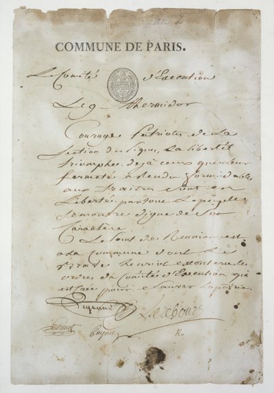 Oproep van Maximilien de Robespierre om zich bij de Commune aan te sluiten, 9 Thermidor An 2 (27 juli 1794) door French School