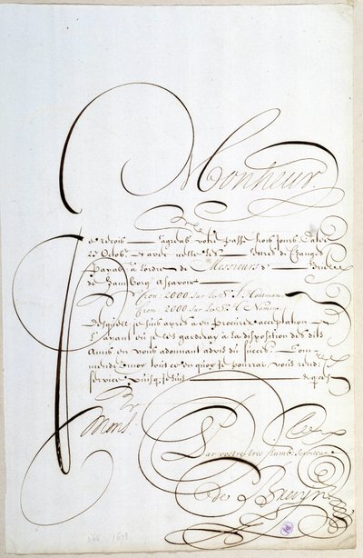 Calligrafie: Brief van rekeningen gecalligrafeerd rond 1678 door Francois de Bruyn door French School