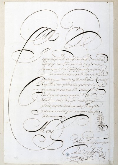 Calligrafie: Brief van rekeningen gecalligrafeerd rond 1678 door Francois de Bruyn. Historische Bibliotheek van de Stad Parijs door French School