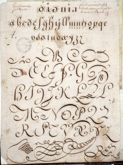 Calligrafie: Manuscriptstuk van rond op velijn versierd met arabesken rond 1813 door Sebastien Royllet. Historische Bibliotheek van de Stad Parijs door French School