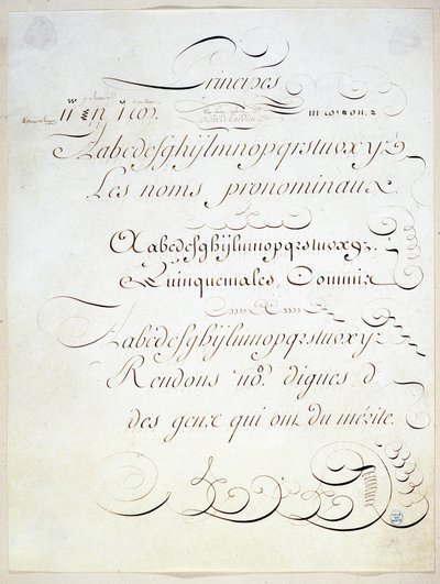 Calligrafie: Manuscriptstuk dat het principe van drie Franse geschriften vertegenwoordigt, tegen het einde van de 18e eeuw door Andre Tardieu door French School