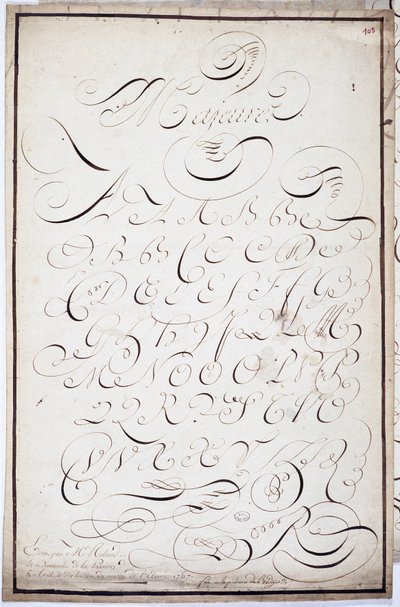Calligrafie: Plaat van hoofdletters genaamd major batardes, gecalligrafeerd op 5 april door French School