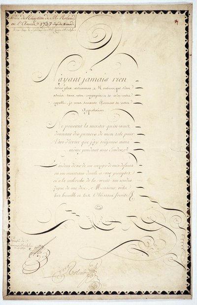 Kalligrafie: Ontvangststuk gedateerd 1737 door Andre Francois Roland door French School