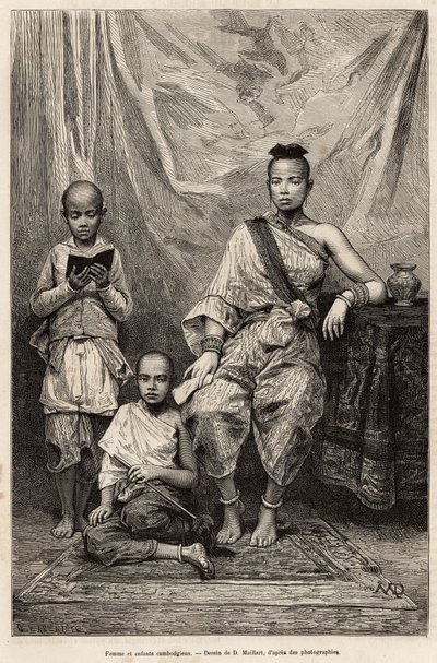Cambodjaanse vrouw en kinderen, gravure naar een tekening van D.Maillart, ter illustratie van de reis naar Cochinchine, door dokter Morice, 1872, gepubliceerd in 