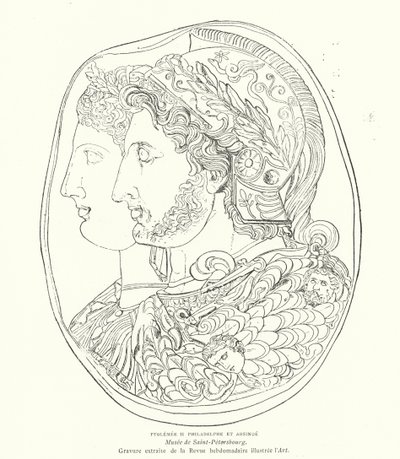 Camee van de oude Egyptische farao Ptolemaeus Philadelphus en zijn vrouw Arsinoë, 3e eeuw v.Chr. (gravure) door French School