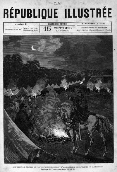 Kamp van de troepen van Fort de Vincennes tijdens de schoonmaak van de kwartiergebouwen. Een krant. Gravure uit 1880 in 
