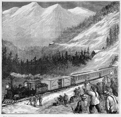 Canadian Pacific Railway in 1888 - Canadian Pacific Railway - Passage van een trein in Sierra Nevada - Gravure in 