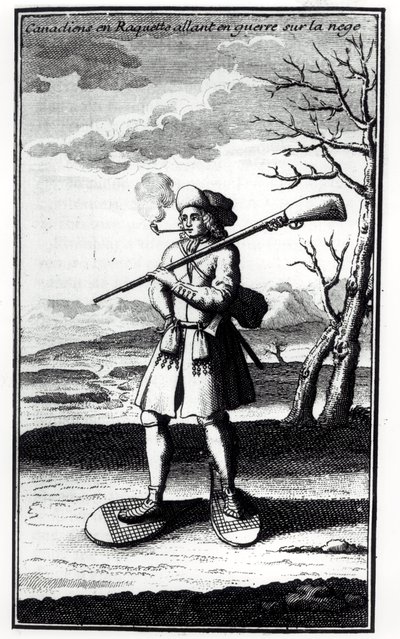 Canadees met sneeuwschoenen gaat ten strijde in de sneeuw, uit Histoire de lAmerique septentrionale door Bacqueville de La Potherie (1663-1736) gepubliceerd in 1753 door French School