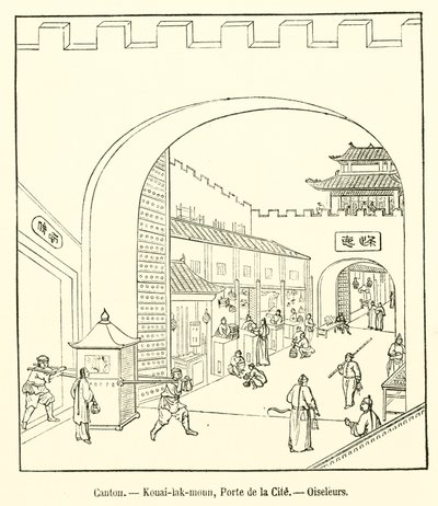 Canton, Kouai-lak-moun, Stadspoort, Vogelvangers (gravure) door French School