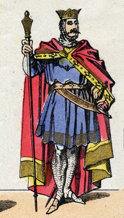Capetingische dynastie: Portret van Hugo Capet (940-996), koning der Franken van 987 tot 996. Epinal afbeelding uit het einde van de 19e eeuw. Privécollectie door French School