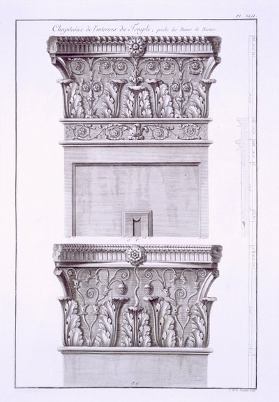 Kapitalen van de tempel bij de Romeinse baden, Nimes door French School