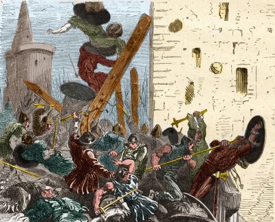 Inname van Carcassonne tijdens de kruistocht tegen de Albigenzen in augustus 1209. Gravure in "Histoire De France En Cent Peintures" door Paul Lehugeur 1891 door French School