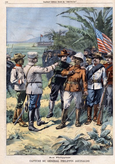 Gevangenneming van generaal en Filipijnse politicus Emilio Aguinaldo (1869-1964) in de Filipijnen, in 