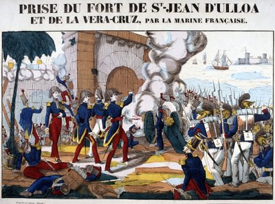 Verovering van het Fort van Saint John van Ulloa en La Vera Cruz in Mexico in november 1838. Afbeelding van Epinal door French School