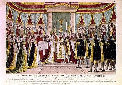 Kardinaal Joseph Fesch (1763-1839) zegent het huwelijk van Napoleon Bonaparte I (1769-1821) en Marie-Louise de Habsbourg-Lorraine in de kapel van het Louvre, 2 april 1810 door French School