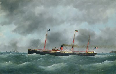 Vrachtschip dat de vlag van de Le Havre Peninsular Company voert door French School