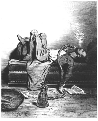 Karikatuur van de Romantische Schrijver die zijn inspiratie zoekt in de Hasj, c. 1849 door French School