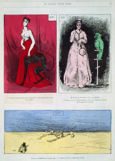 Karikaturen van schilders, Henri Regnault, Edouard Manet, Gustave Guillaumet, illustratie uit Le Salon pour Rire door French School